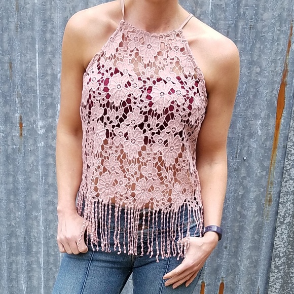 It's Pink Tops - NEW Boho Blush Pink Crochet Fringe Open Back Top